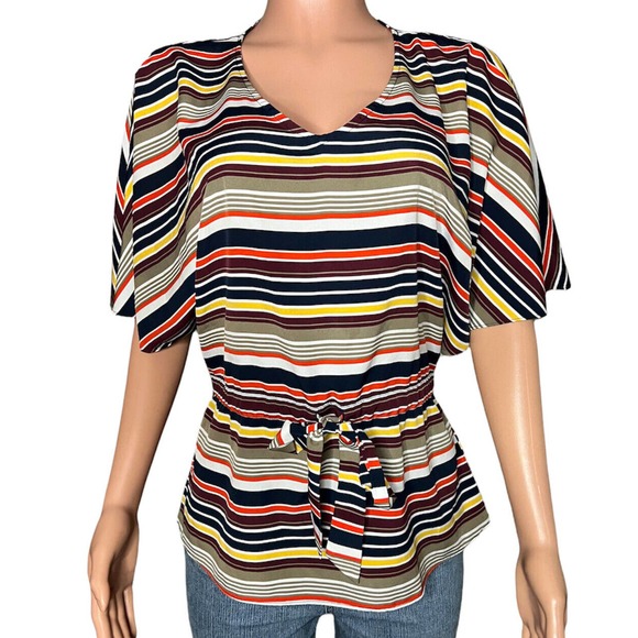 Banana Republic Shirt Womens Medium Multicolor Stripe V-Neck Drawstring - Picture 1 of 5